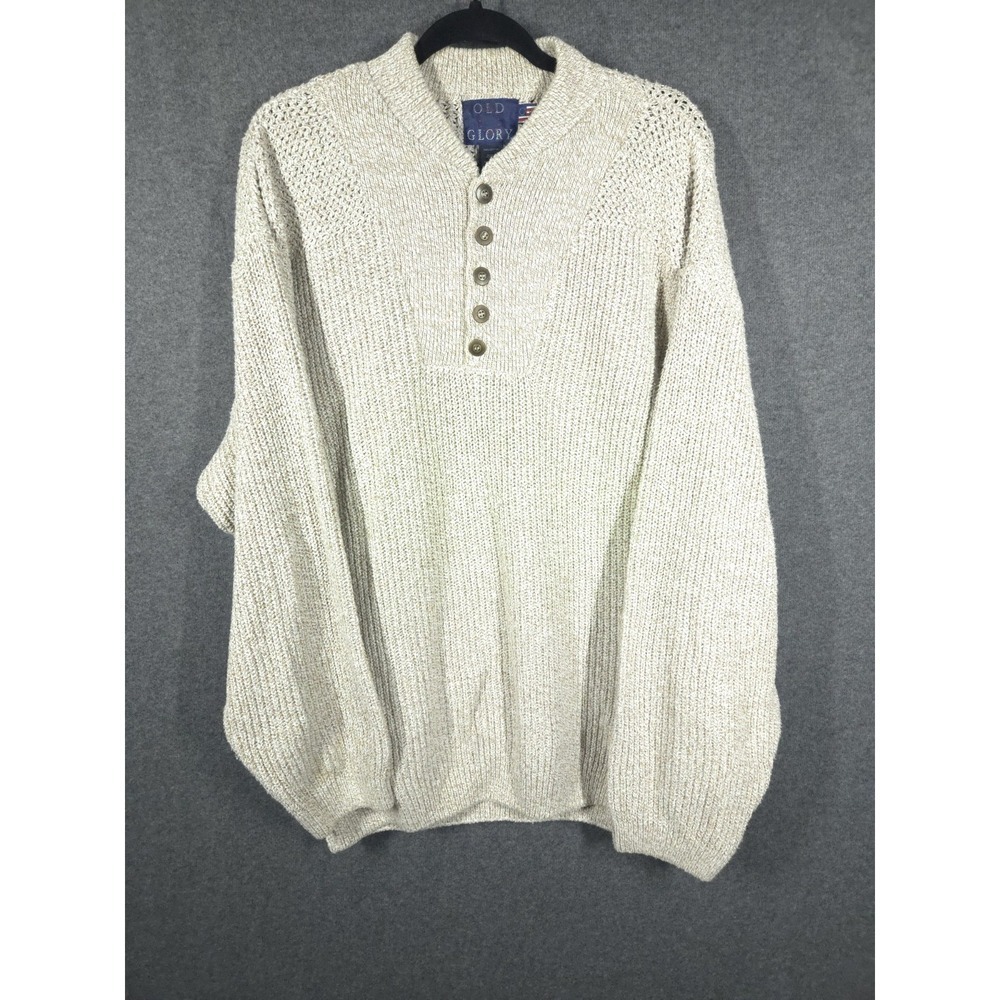 Vtg 90s Y2K Old‎ Glory Mens XL Henley Sweater Beige Knit 100% Cotton Pullover